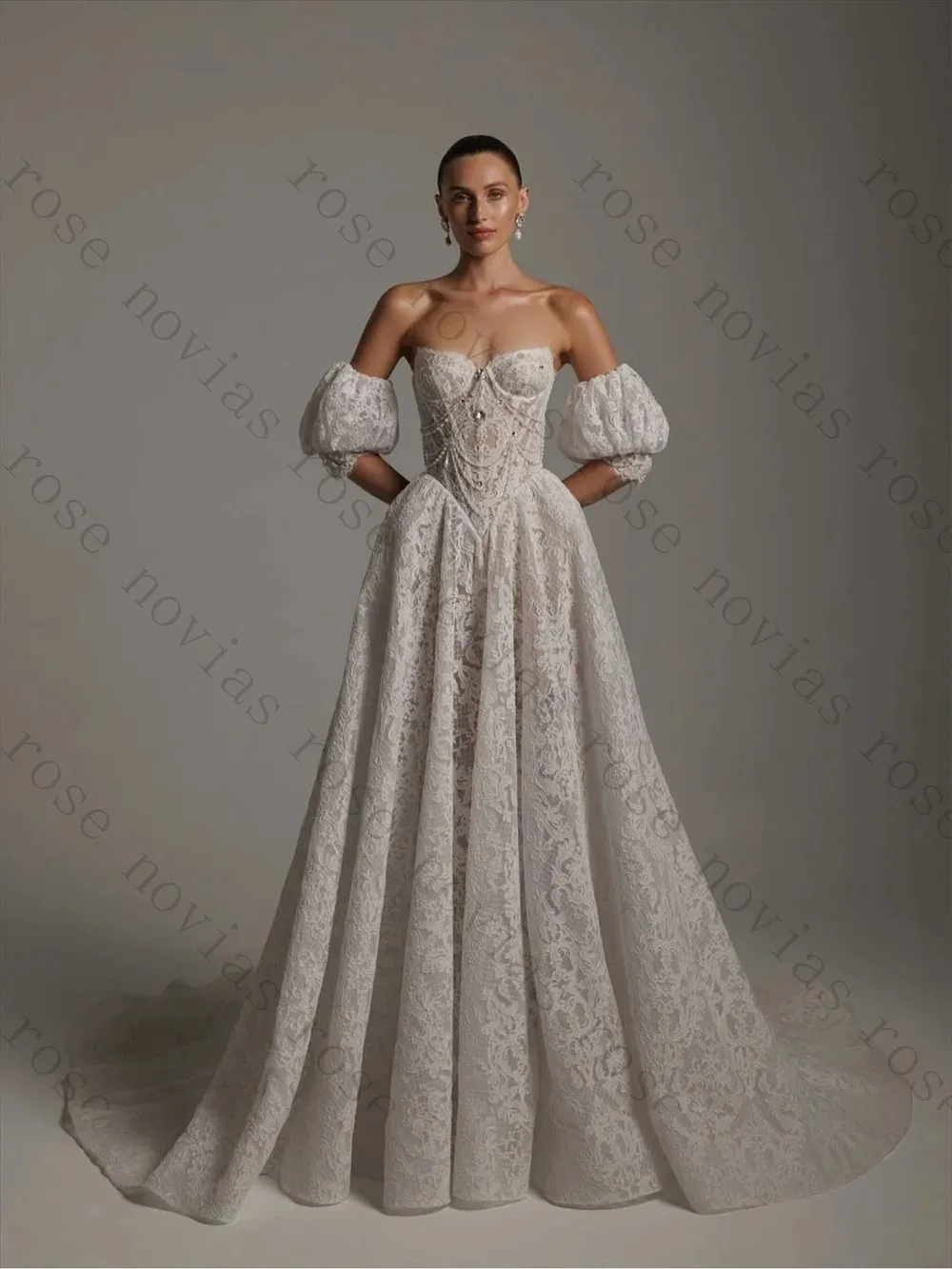 Customized Off Shoulder Lace Wedding Dress Puff Sleeves Corset Ball Gown Robe De Mariée Beaded Bridal Gown with Cathedral Train