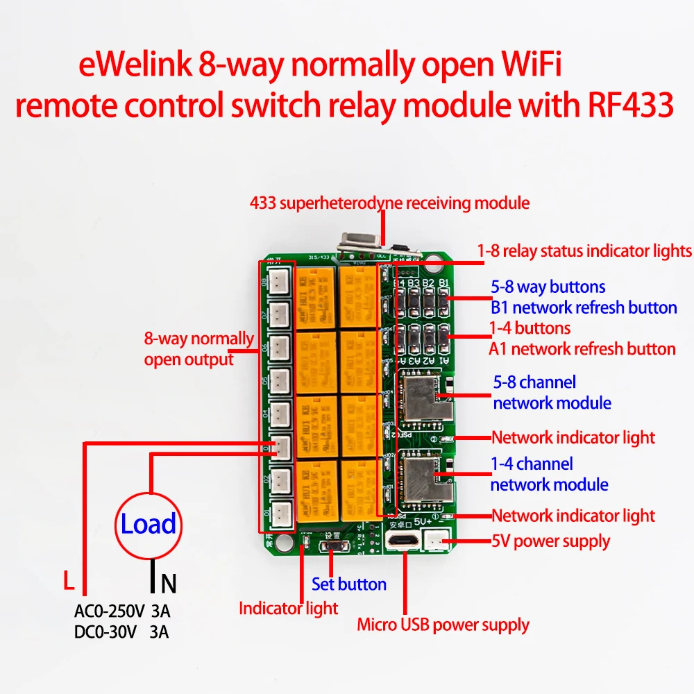 DC 5V Ewelink WiFi RF Switch Module 8 Channel Wireless Smart Home Remote Control Relay with RF 433MHZ Jog Interlock Self-locking