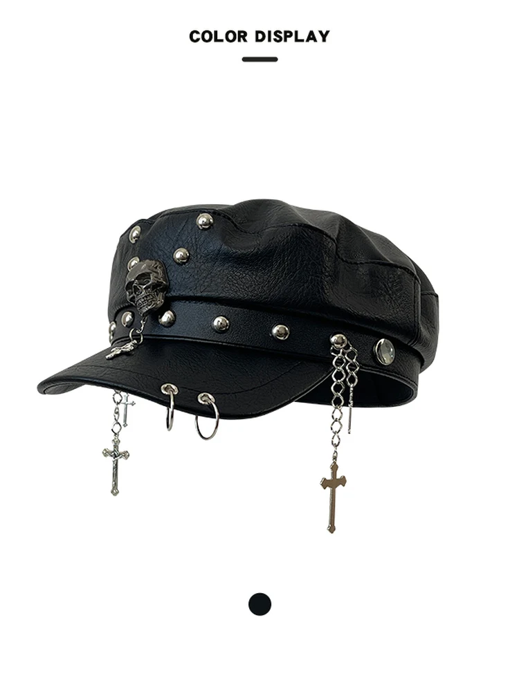 Dark Yamamoto Retro Leopard Print Punk Rivet Y2k Leather Octagonal Hat Female Subculture Showing Face Small Beret Cap