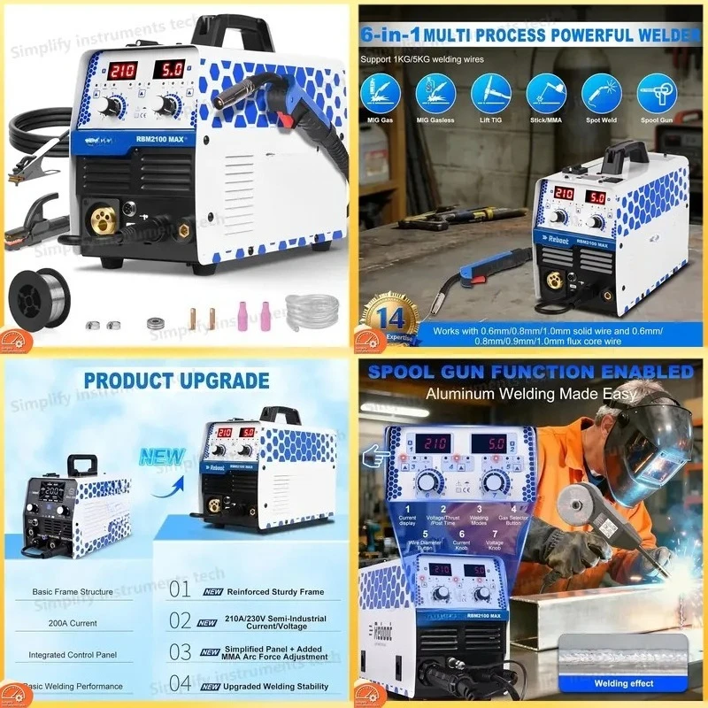 210A 230V 6 in 1 MIG Welder with Digital Display Gas Gasless Lift TIG Stick Spot Spool Gun Aluminum Welding Heavy