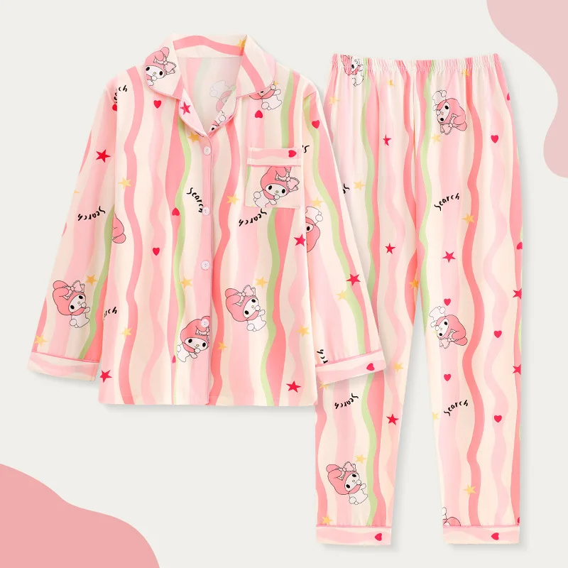 Kawaii Hello Kitty Kuromi My Melody Children's Pajamas Spring Autumn Anime Sanrio Cute Princess Style Parent-Child Home Clothing