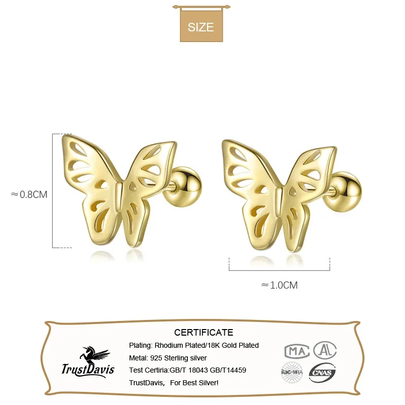TrustDavis Real 925 Sterling Silver Fashion Insect Butterfly Bead Screw Stud Earrings For Women Wedding Fine Jewelry DA2464