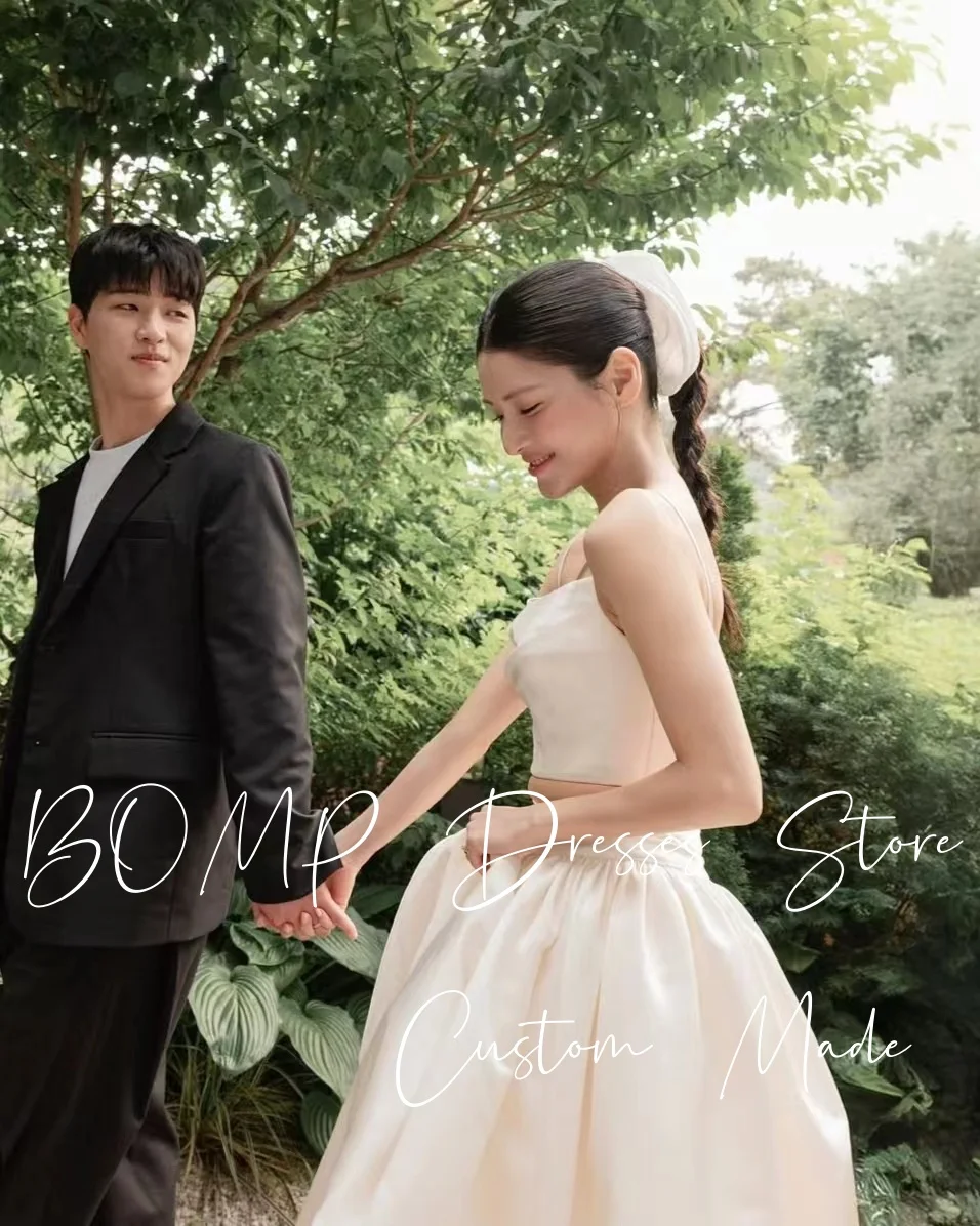 BOMP بسيط 2 قطعة فستان الزفاف السباغيتي حزام الطية طول الأرض الحرير العاجي التفتا كوريا صورة تبادل لاطلاق النار فستان زفاف مخصص