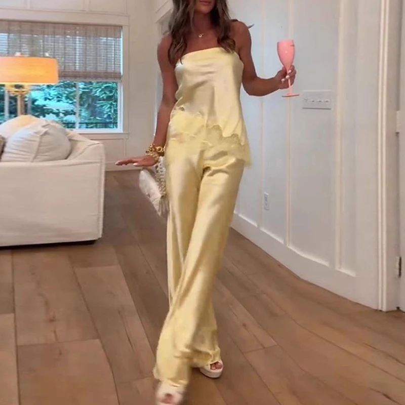 

New Hollow Strapless Tube Tops & Pant Woman 2 Piece Set Outfit Summer Embroidered Lace Satin Suits Sexy Backless Female Clothing