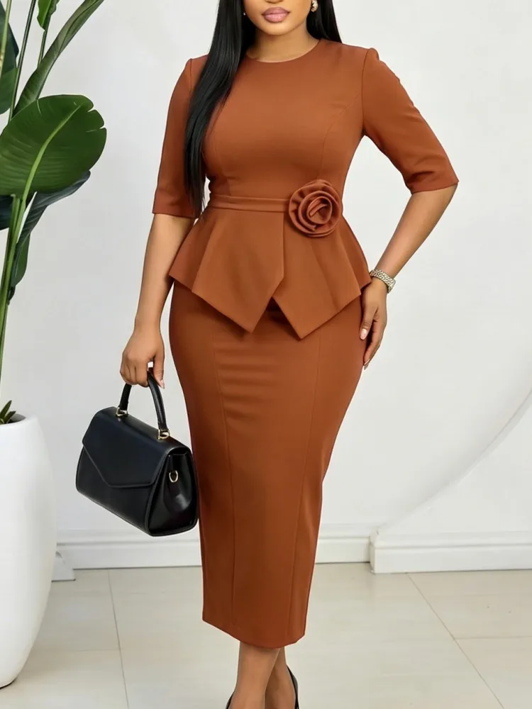 

L-3XL Plus Size Elegant Midi Dress 2026 Summer Autumn Women Office Lady Dress Casual Half Sleeve Bandage Robe Oversize Dress