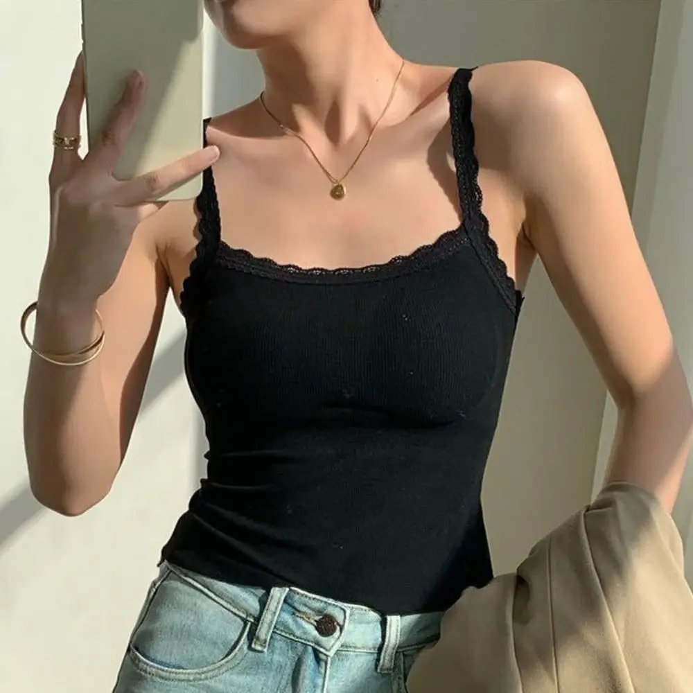 

Simple Sweet Girl Lace Crop Top Y2K Slim Fit Camisole with Pads Bottoming Shirts Sleeveless Women Vest Top Girls