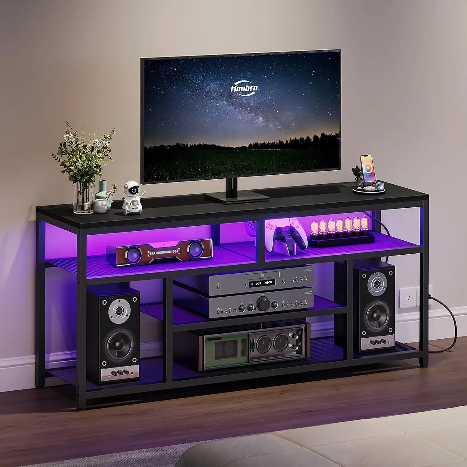 

LED TV Stand with Charging Station, 4-Tier Entertainment Gaming Center, Modern Media Console Table, Open Shelves