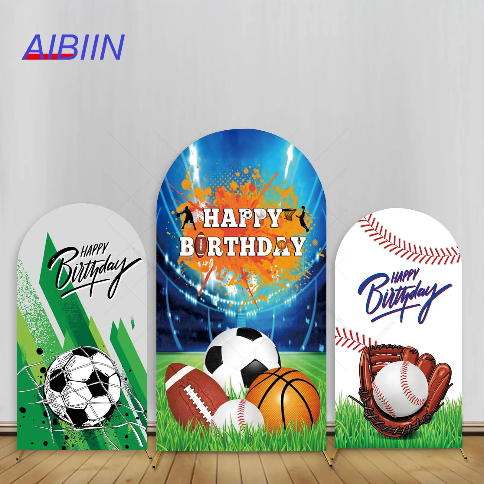 

Happy Birthday Arch Backdrop Cover Football Basketball Baseball Rugby Soccer Sports Star Boy 1st Birthday Party Decor Background