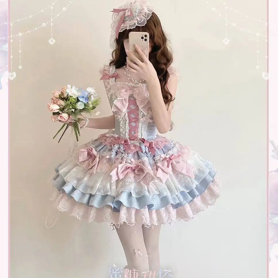 Original New Spring Summer Sweet Lolita Princess Dress Age Reduction Cute Bow Elegant Lace Off Shoulder Sleeveless Puff Dress