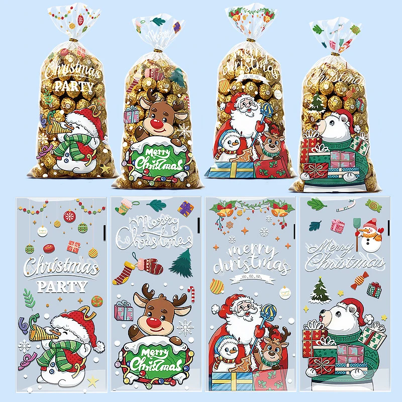 50 sacos de presente de Natal com laços de arame - padrões de boneco de neve de rena de Papai Noel para embrulho e decoração de férias