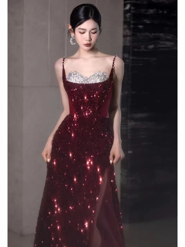 فستان سهرة للعروس بلون النبيذ الأحمر مع أشرطة لامعة وتنورة طويلة على الطراز الكوري لحفلات الزفاف والخطوبة وأزياء النساء