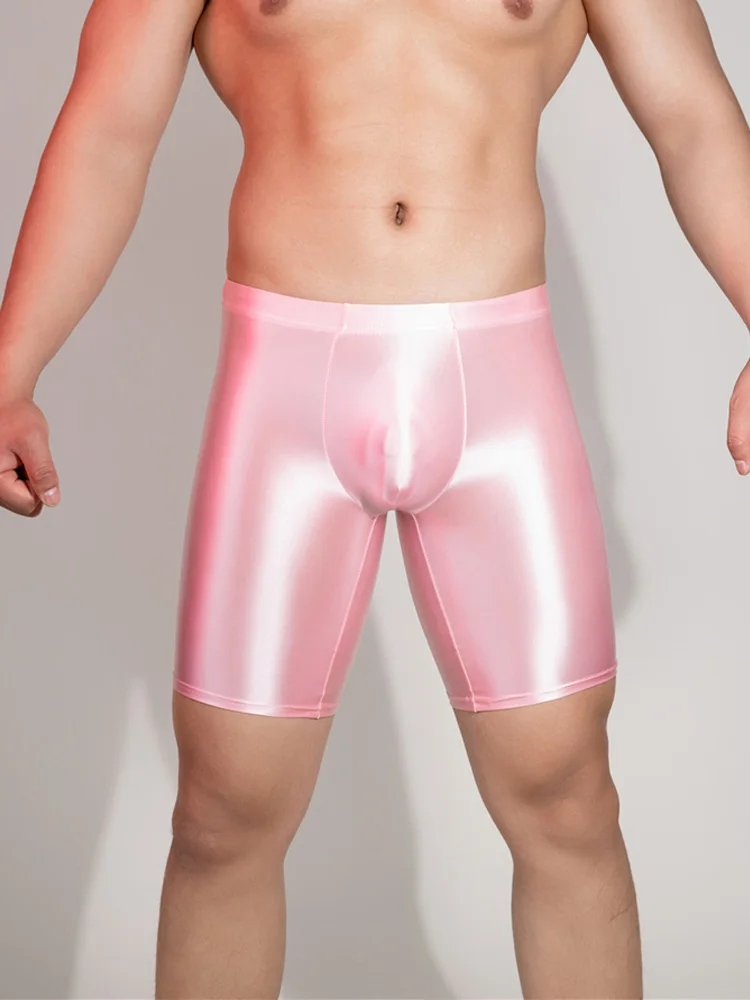 Sexy Men Satin Smooth Boxer Gym Leggings Elastic Short Oil Glossy Shiny Fitness Shorts Quick Dry Breathable Bottom Wear