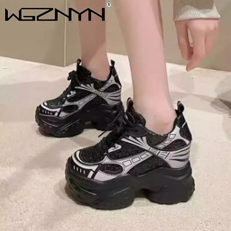 Designer Thick Bottom Bling Leather Chunky Sneakers Breathable Sport Ankle Boots Women 10.5CM Comfy Heels Autumn Vulcanize Shoes