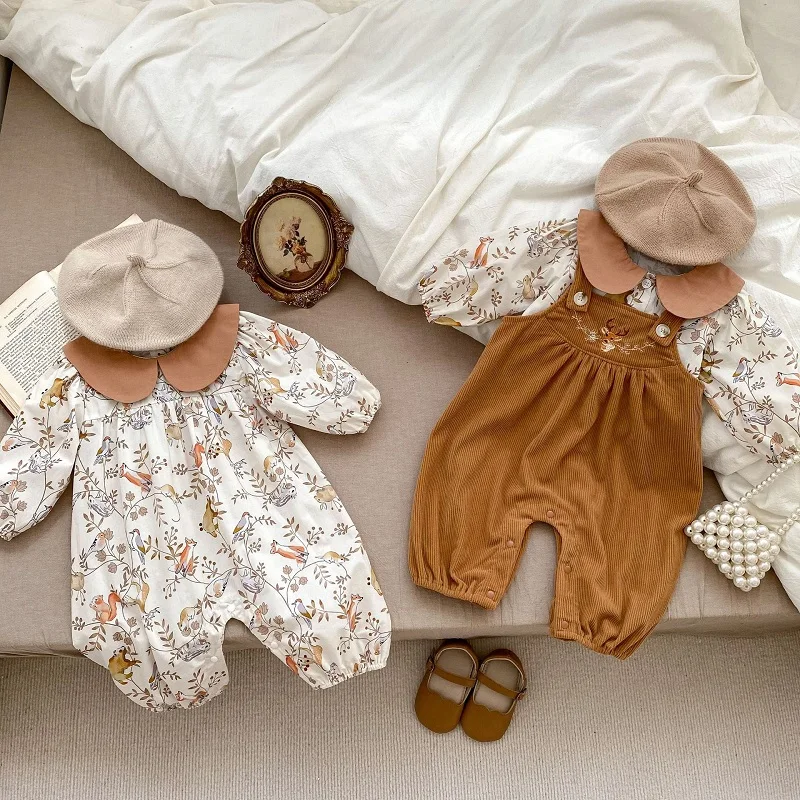 

Cute Newborn Baby Romper 0-24Months Long Sleeve Peter Pan Collar Cartoon Animal Print Cotton Jumpsuit Embroidery Overall Clothes