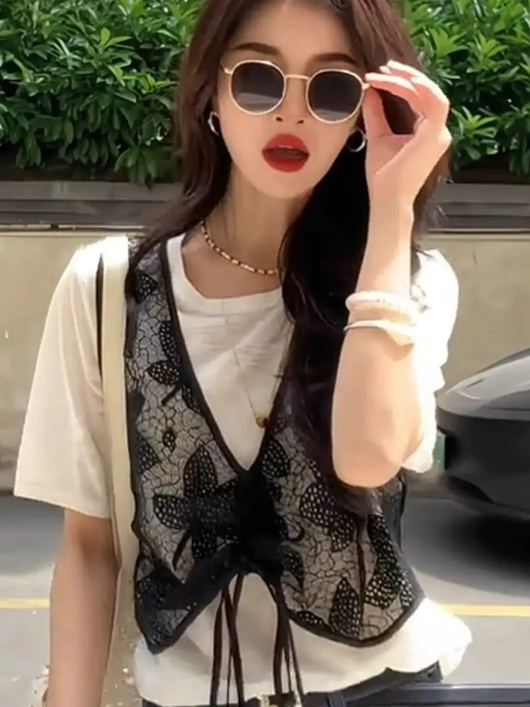

Korean Style Color Block Mesh Knitted Top Women Summer New Loose Fit Slimming round Neck Layering Short Sleeve Breathable