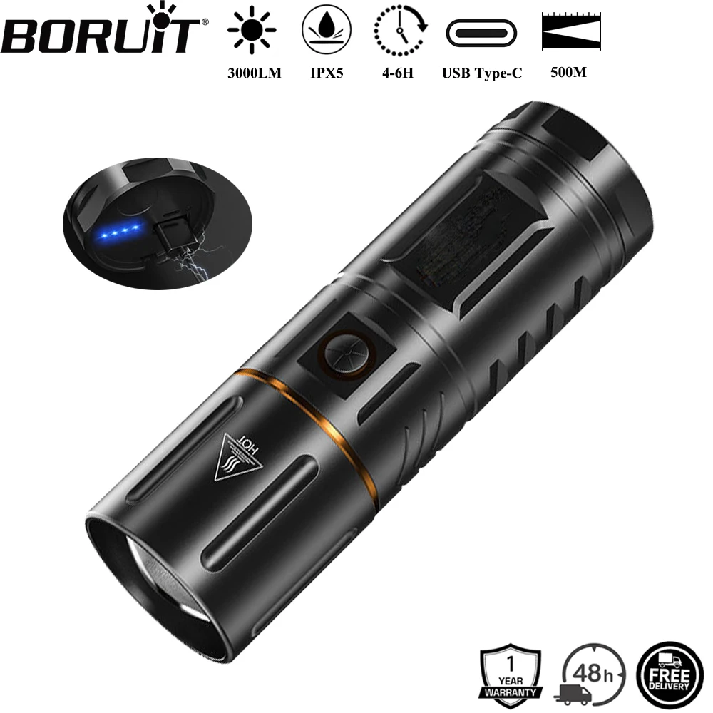 

BORUiT 500 м длинный ход 3000LM светодиодный фонарик с зумом Type-C перезаряжаемый внешний аккумулятор IPX5 водонепроницаемый фонарь для кемпинга и охоты