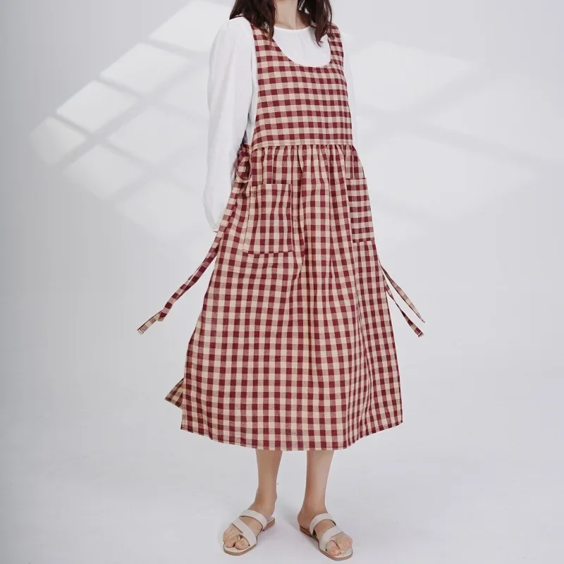 Korean Fresh Cotton Plaid Apron Side Slit Tie Gardening Vintage Apron Flower Shop Coffee Shop Restaurant Baking Apron