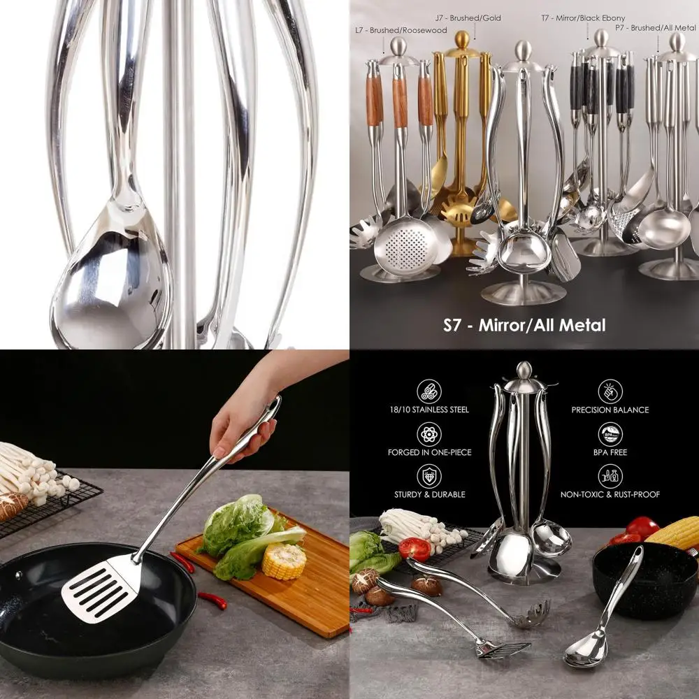 

Набор кухонной утвари из нержавеющей стали из 7 предметов с вращающейся подставкой на 15 вращающихся подставок: лопатка, ковш, скиммер, токарный станок, вилка для макарон, большая ложка