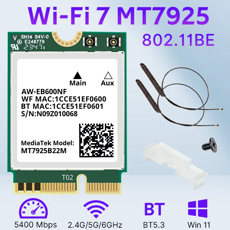 WiFi 7 MT7925 Wireless WiFi Card BT5.3 802.11AX M.2 Key E 5400Mbps NGFF Ethernet Adapter 2.4G/ 5G/6Ghz for win11