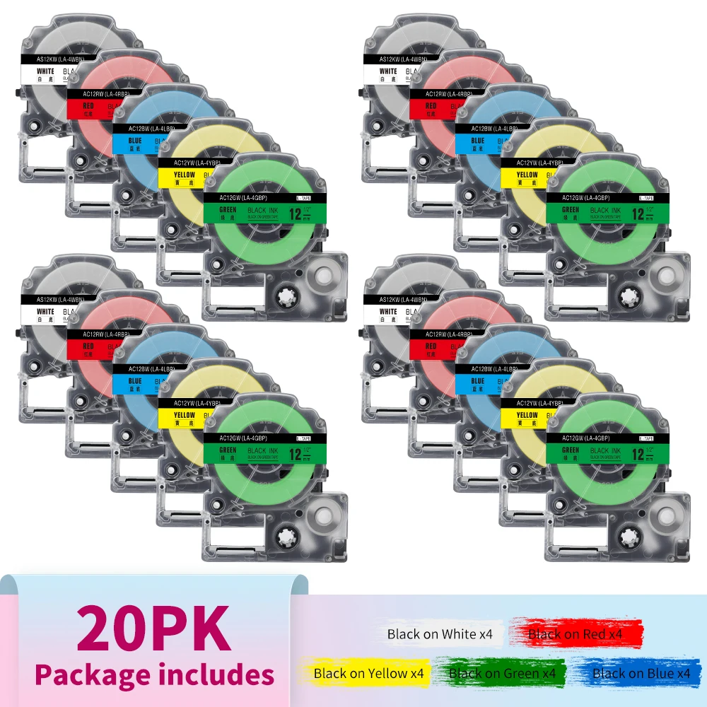 

20PK SS12KW ST12KW Tape 12mm*8m Compatible for Epson Lw400 LK-4WBN Cartridges Label Works LW-300 400 500 600P 700 Label Maker