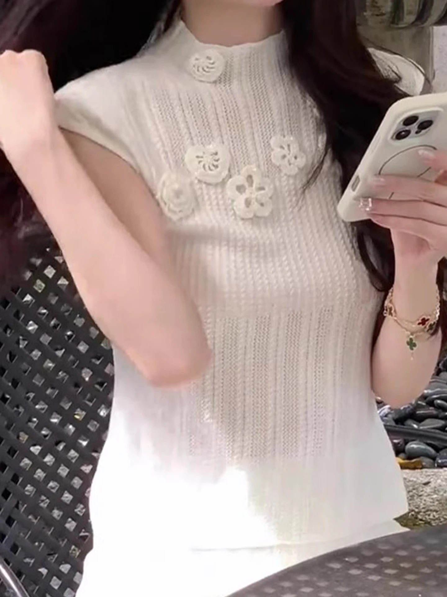 Ele Colete Svel de malha com decoração de flores 3D Coreano Sle Slim Fit Desgaste de viagem Cor pura Top Faion de verão