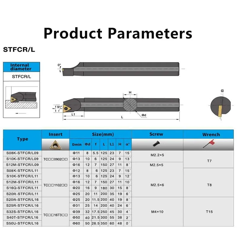 内部旋削工具ホルダーおよび超硬インサート、S10K-STFCR11、S12M-STFCR11、s16q、S20R-STFCR11、S14N-STFCR11、tcmt110204