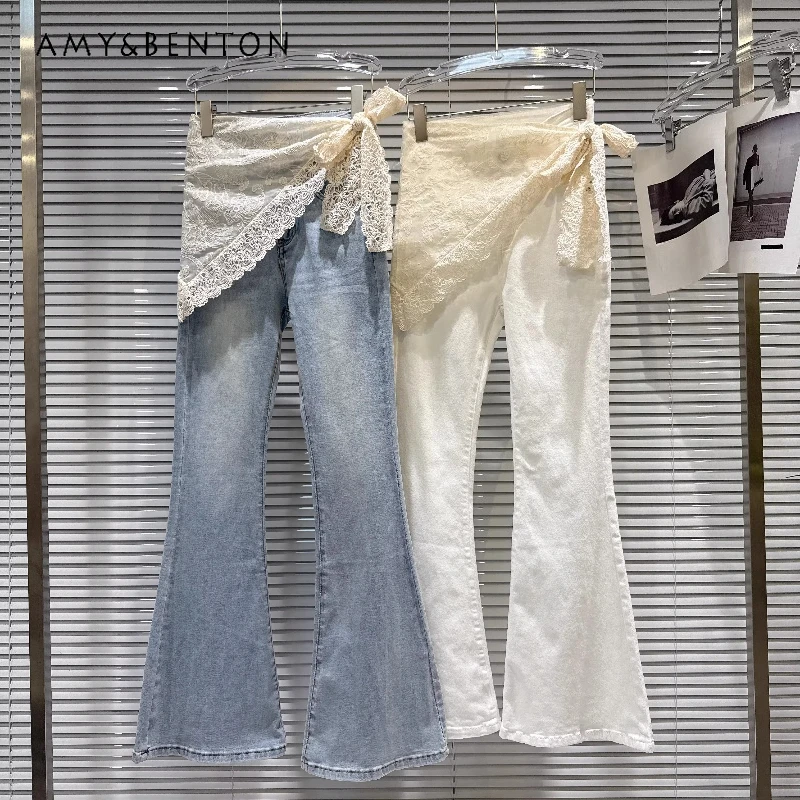 French Design Sweet Cool Lace Strap Fart Curtain Women's Jeans 2026 Spring New Fashion Temperament Versatile Bell-bottoms Ladies