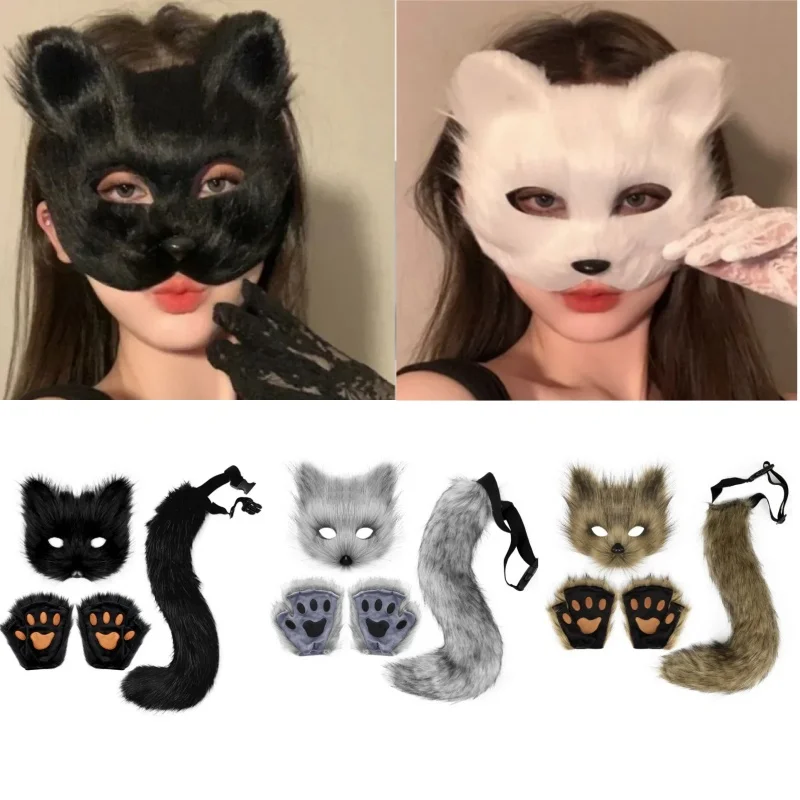 

Хэллоуин Кожаный головной убор с лисьими ушками Хвост Кошачий коготь Перчатки Набор на половину пальца FoxAnime Косплей Хэллоуин Аксессуары Опора Набор