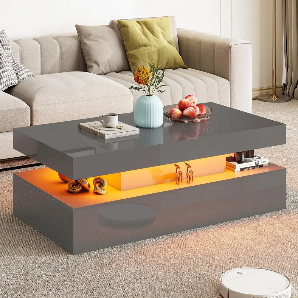 

High Gloss 2Tier LED Coffee Table, 40 Modern Center Table with LED Lights, Open Storage Space, Minimalism Rectangular Sofa Side