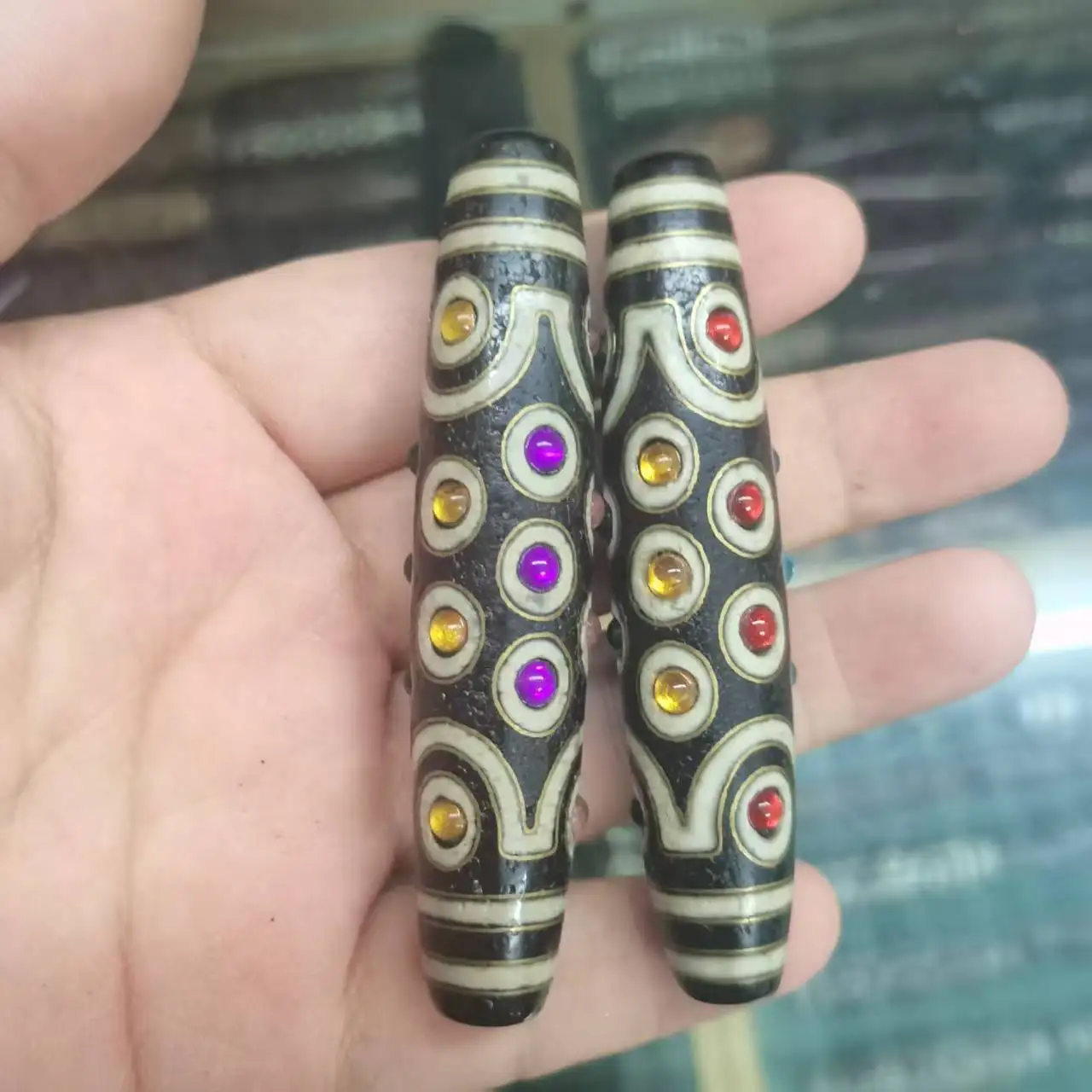 1pcs/lot 21 Eyes old materials dzi beads from Tibetan areas inlaid with gold threads tourmalines and gemstones