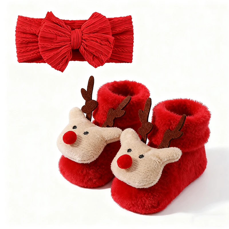 

2 шт. повязка на голову для новорожденных с милым лосем, рождественские носки, комплект зимних новогодних плюшевых теплых детских носков, нескользящие носки для малышей