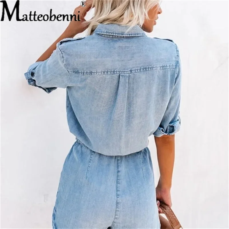 Jumpsuit Pendek Denim Musim Panas 2021 Kantung Sabuk Berkerah Wanita Kemeja Warna Solid Retro Pinggang Elastis Baju Monyet Lengan Panjang Pakaian Bermain