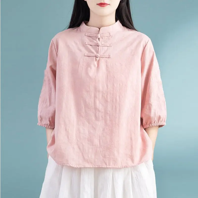 New 2025 Cotton Linen Loose Top Chinese Retro Casual Five-point Shirt
