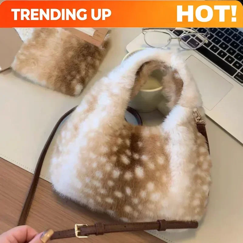 Deer Spot Faux Fur Shoulder Bag Soft Cute Plush Crescent Crossbody Bag Casual Handbag Magnetic Buckle Winter Women Lolita Purse