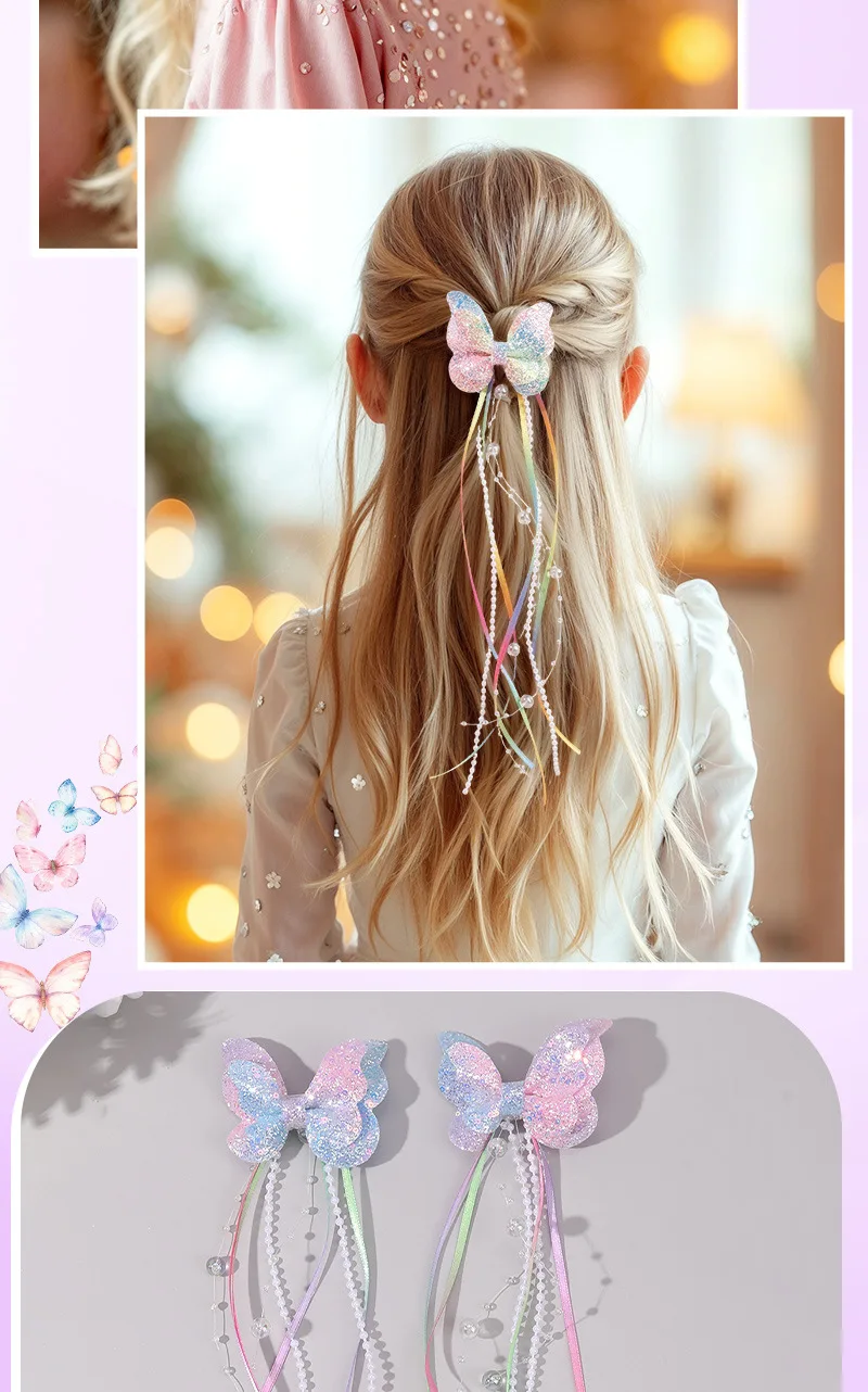 2 Stück niedliche Haarspangen mit Farbverlauf und Schmetterlingsmotiv für Mädchen, glänzende, lange Quasten und Schleifen, Haaraccessoires im süßen Prinzessinnen-Stil. – Detail 5