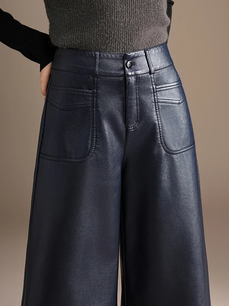 ZUZK جودة عالية بولي Leather الجلود كابري السراويل جديد إمرأة 2026 الخريف الشتاء شيك قصيرة بولي بنطال بنطال جلدي أنيق بنطال جلدي #6