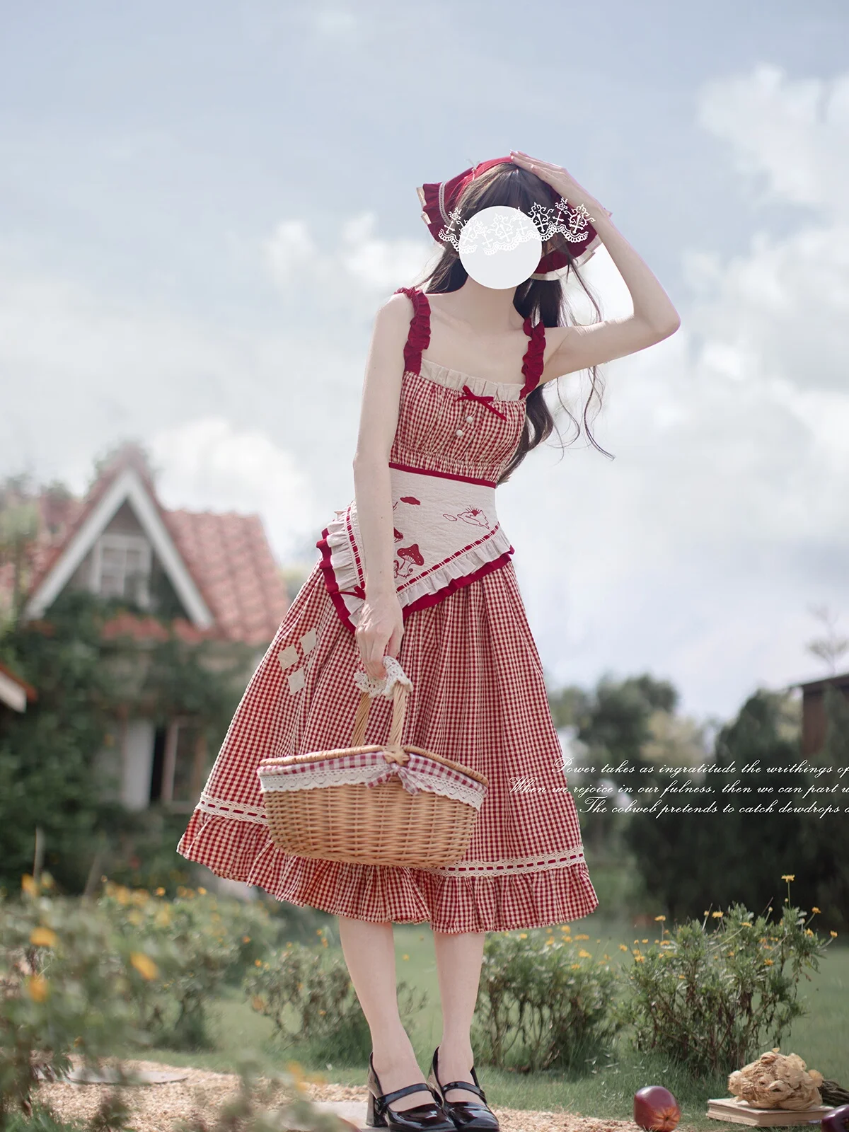 Sweet And Energetic Red Checkered Vest Skirt With Dotted Bubble Sleeves Shirt Sleeveless Lolita Kawaii Girl Tea Party Princess