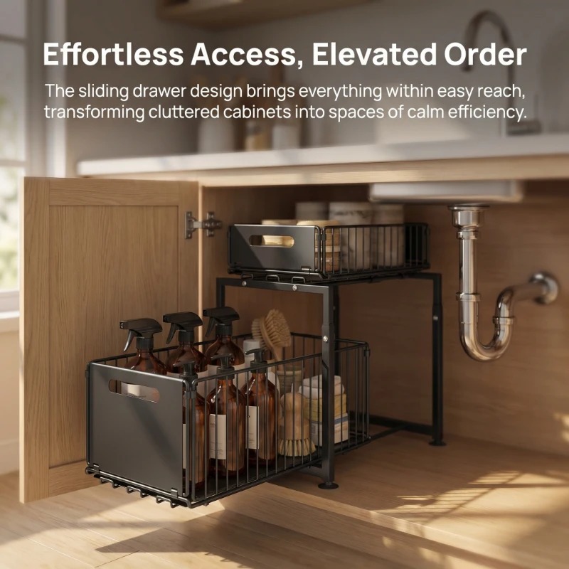 

Kitchen Sink Storage Rack Pull Out Basket Double Layer Spice Snack Bottle Can Organizer Cabinet Multi Level Shelf