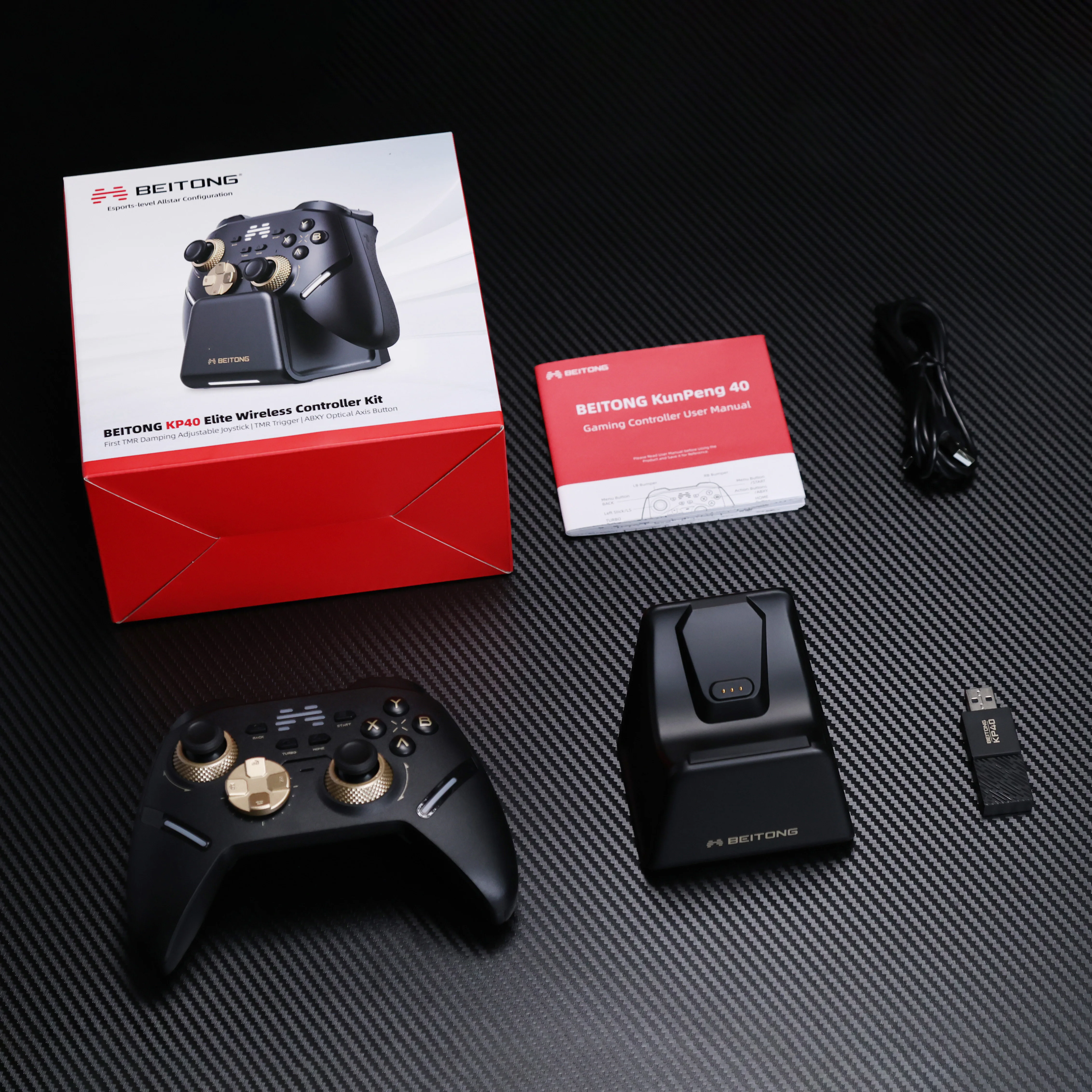 وحدة تحكم لاسلكية BEITONG KP40 باللون الأسود الذهبي للكمبيوتر/Switch/iOS/Android/Steam، عصا تحكم TMR قابلة للتعديل، مشغل TMR