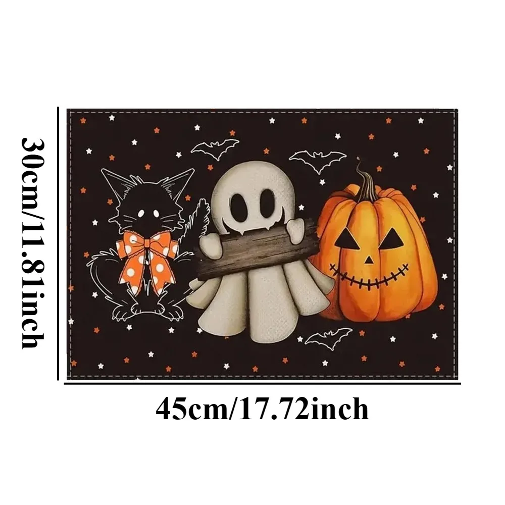 6-Piece Halloween Placemats, Heat-Resistant Table Mats with Ghost, Pumpkin, Black Cat, and Bat Designs, Wipe-Clean Table Mats for Home Kitchen Halloween Party Table Decorations, Reusable Foldable Table Mats Suitable for Thanksgiving Family Dinners, Cafe and Restaurant Decorations