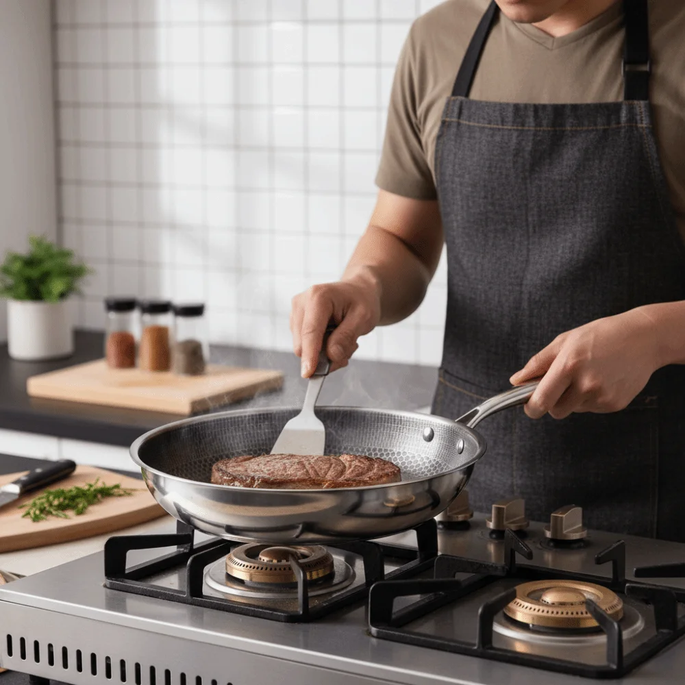 

26/28/30cm Stainless Steel Frying Pan Non-coated Surface Durable Non Stick Wok Multi-functional Thickened Base