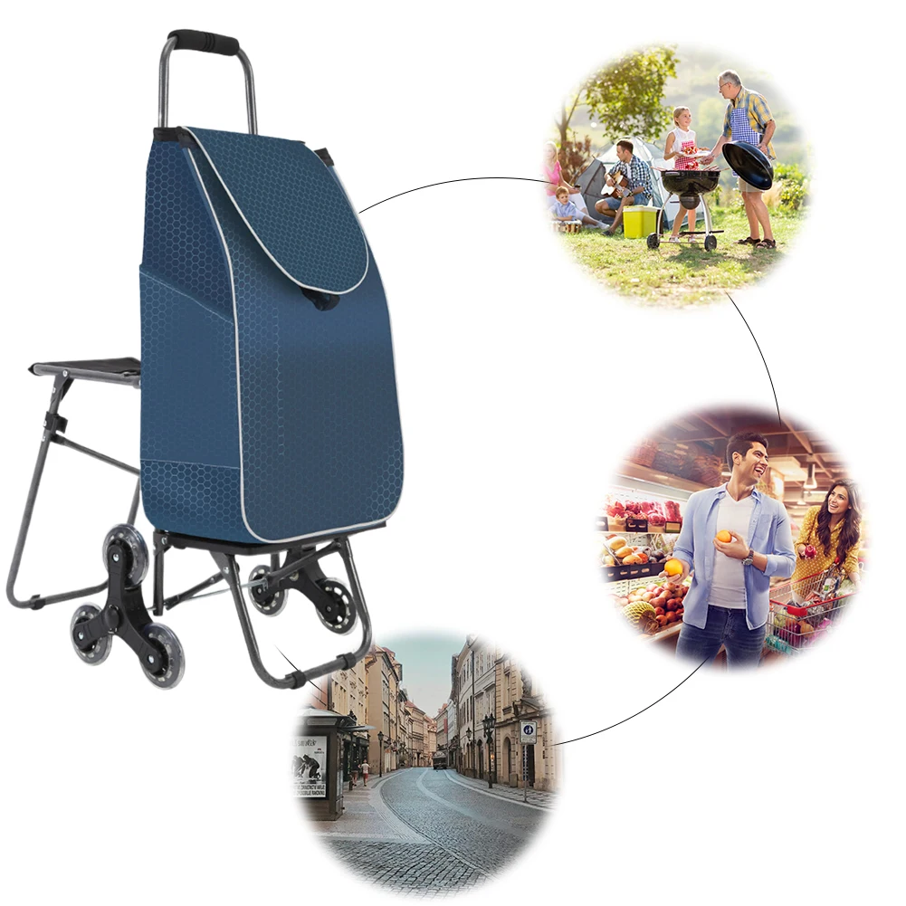 

Foldable Stair Climbing Cart Climbing Stairs Luggage Cart Trolley with Waterproof Bag and Seat for Effortless Grocery Transport