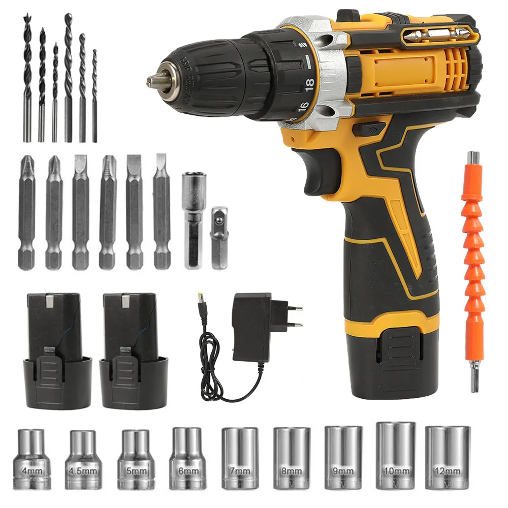 Perceuse à percussion électrique sans fil, tournevis multifonctionnel, perceuse électrique Rechargeable, batterie au Lithium, boîte d'accessoires à 2 vitesses Pa