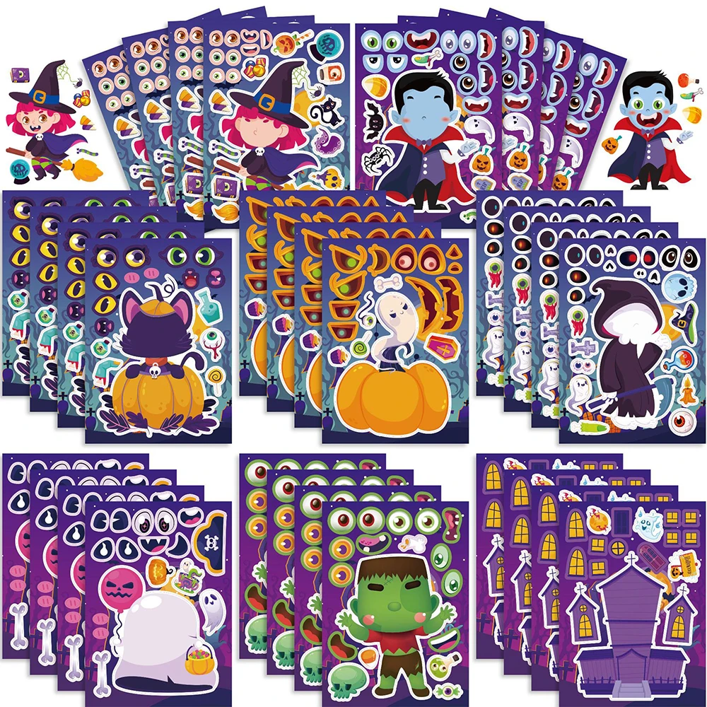 Halloween Cartoon Puzzle Stickers para crianças, DIY Assemble, Brinquedos Educativos, Presentes de Decoração de Festa, Bruxa, Gato, Fantasma, Quebra-cabeças, 8 folhas, 16 folhas