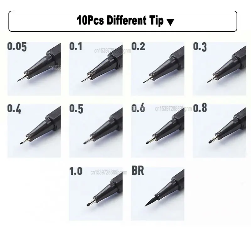 10Pcs Different Micron Tip Set Art Marker Fineliner Pen Brush Black Ink Pigment Liner For Manga Comics Drawing Sketch Drafting