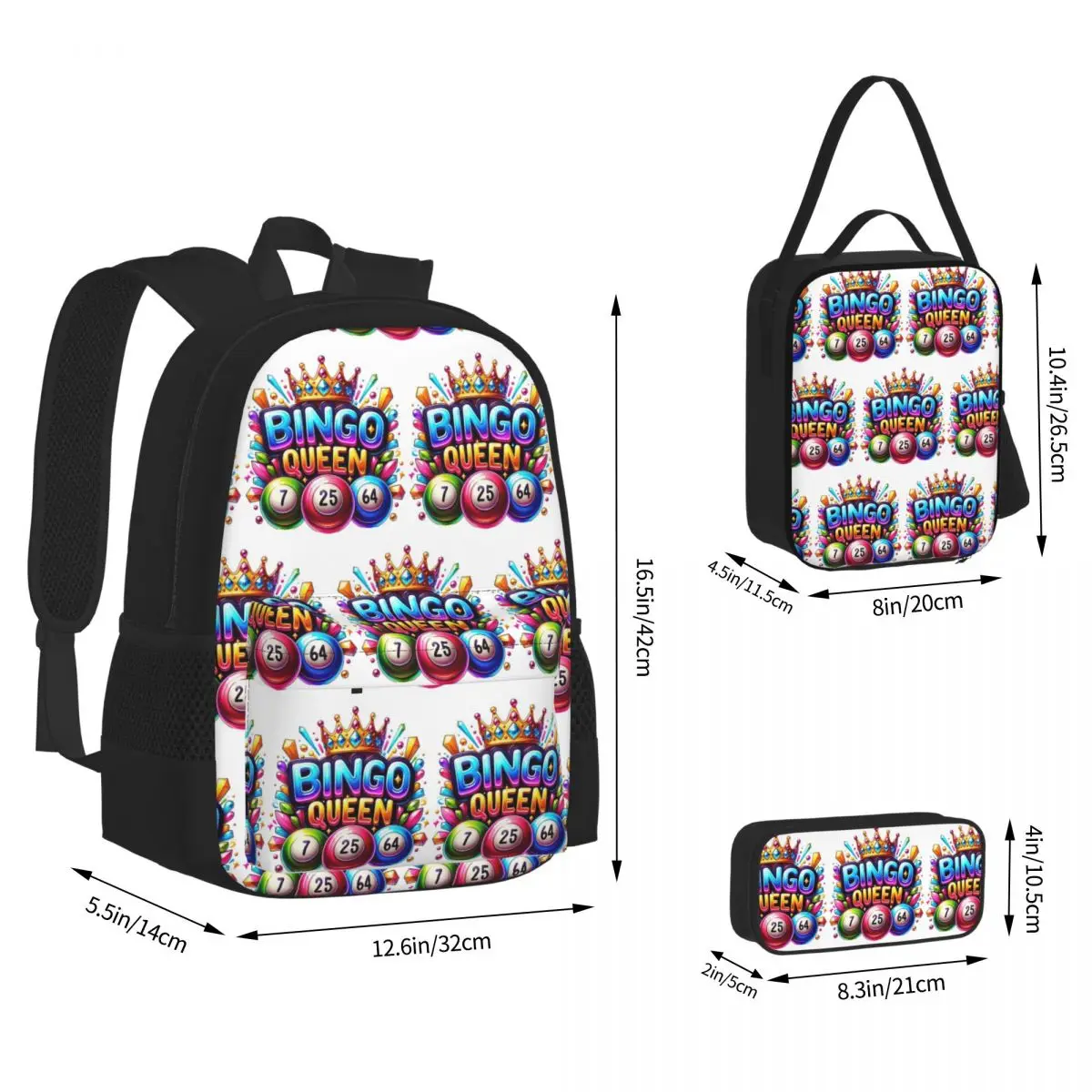 Bingo Queen Best Player Of Vacation Bingo Backpacks Boys Girls Bookbag School Bags Rucksack Lunch Bag Pen Bag Three-Piece Set