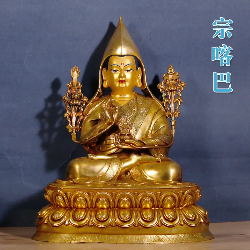7inch Tibetan Vajrayana Master Tsongkhapa Statue 10inch Pure Copper Gilded Carved Home Buddha Hall Worship Ornament
