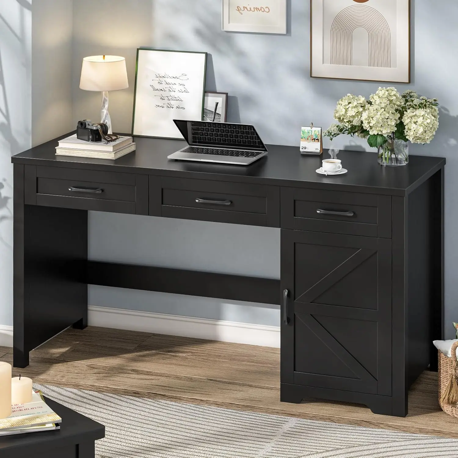 

Farmhouse 55" Executive Desk,Computer Desk with 3 Drawers and Storage Cabinet,Home Office Desk for Work and Study. Pure Black