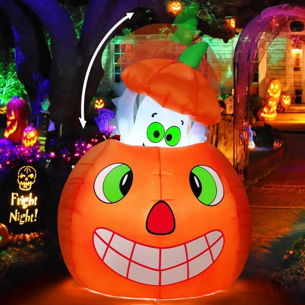 

5 FT Halloween Inflatables Animated Pumpkin Ghost Outdoor Decorations Blow Up Yard with Built-in LEDs for Indoor Party Garden