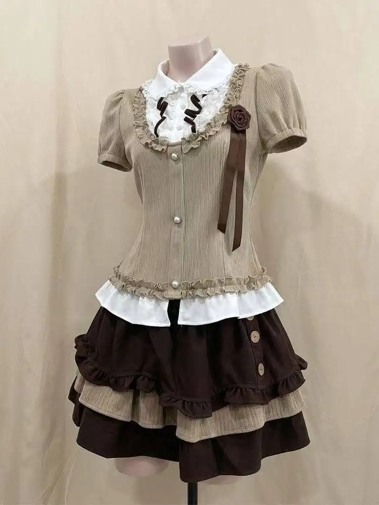 Gothic Harajuku Süßes 2-Teiliges Set Damen Y2K Retro Slim Patchwork Tops Design Kawaii Kuchenrock Y2k Harajuku Mode-Anzug